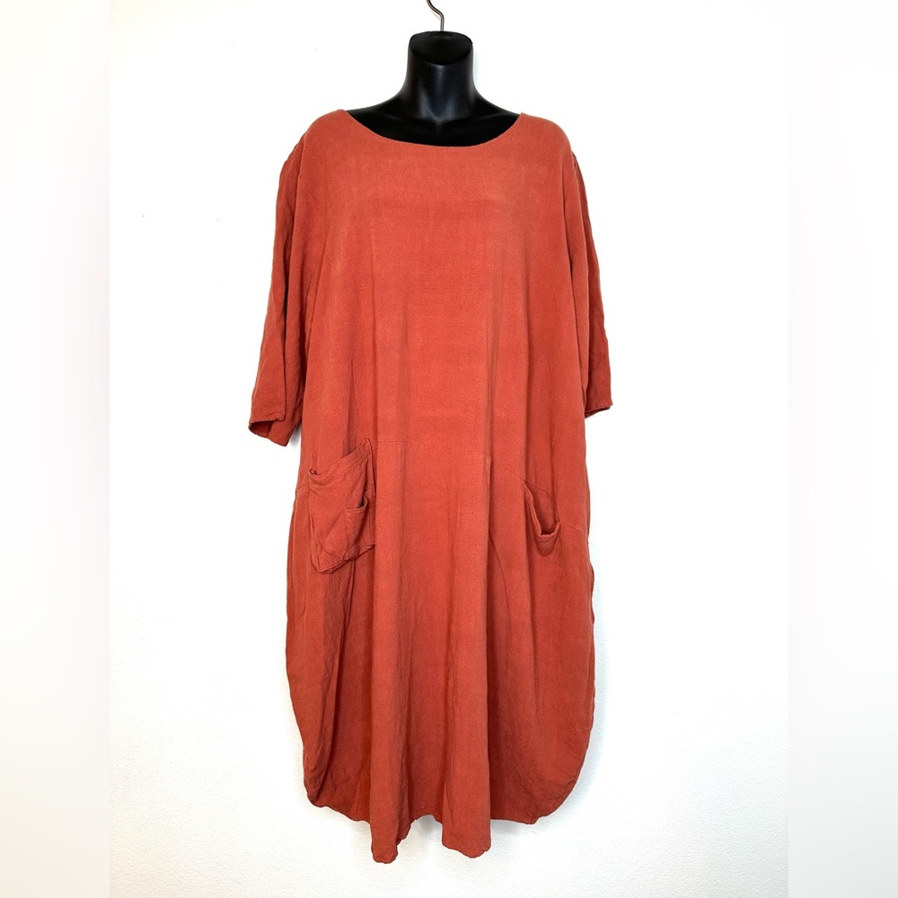 ANYSIZE Women's Lantern Dress 120 Small Midi Scoop Neck Linen Cotton Pockets